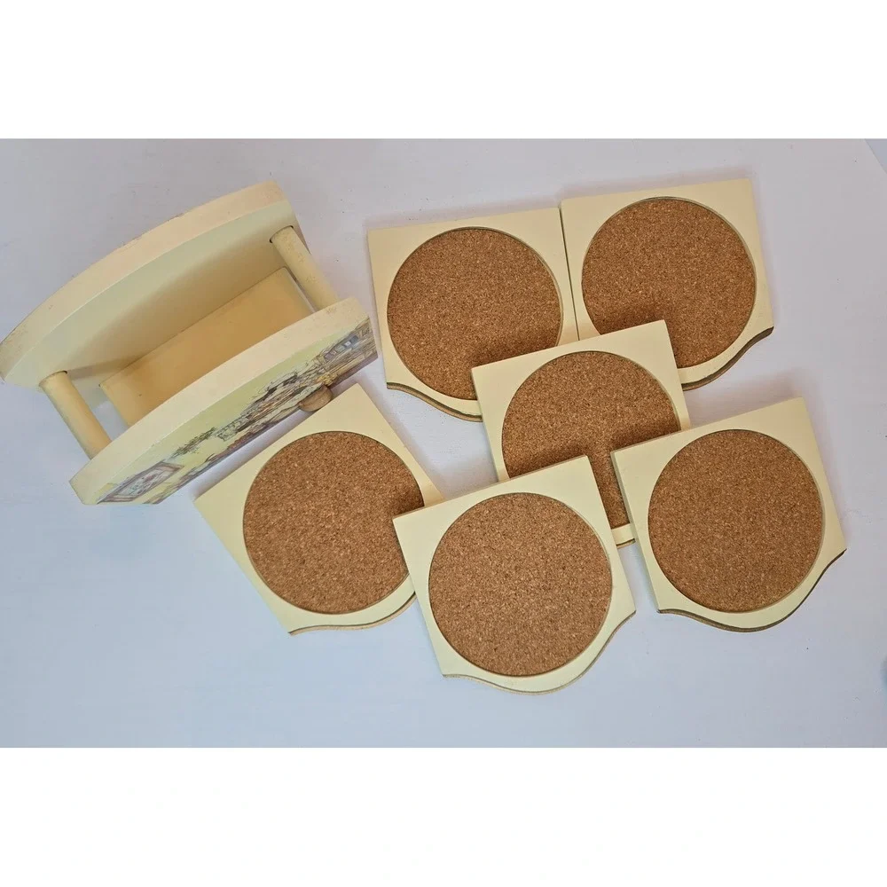 Vintage Chef Cow Wooden Coaster Set with Holder 6 Piece Cork Inlay 3D Cat